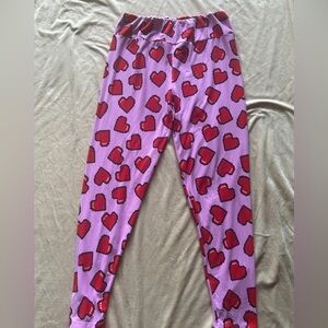 LuLaRoe Pink Leggings with Red Heart Pixel Print (tall and curvy)
